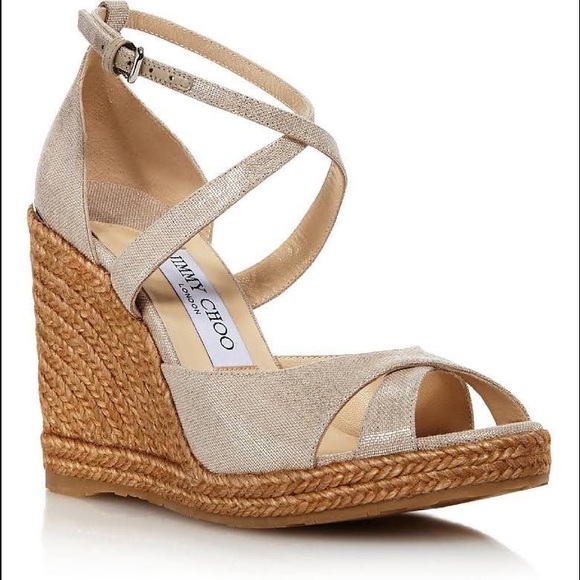 Jimmy Choo Shoes - Jimmy Choo Alanah 105 Metallic Linen Wedge Natural/Silver Size 38 Worn Once